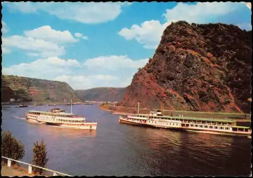 St. Goarshausen 2 Schiffe Rhein-Dampfer passieren Loreley Loreleyfelsen 1970
