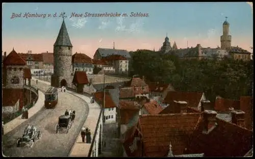 Ansichtskarte Bad Homburg vor der Höhe Neue Strassenbrücke m. Schloss. 1914