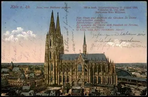 Ansichtskarte Köln Dom, vom Rathaus gesehen 1915   1. Weltkrieg Feldpost