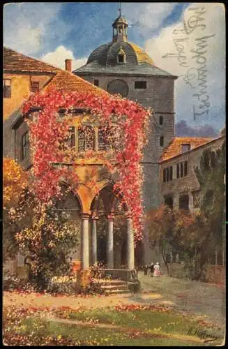 Heidelberg Partie aus dem Schloßhof mit Brunnenhalle und Wartturm 1912/1907