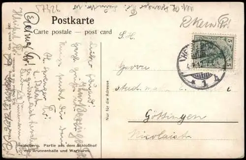 Heidelberg Partie aus dem Schloßhof mit Brunnenhalle und Wartturm 1912/1907