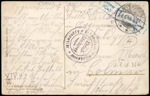 Hirschsprung Breitnau Gasthaus Himmelreich 1918  gel Zensurstempel Colmar WK1