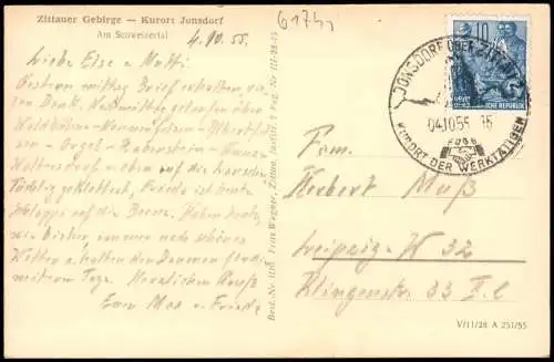 Ansichtskarte Jonsdorf Zittauer Gebirge Am Schweizertal 1955