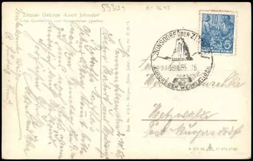 Ansichtskarte Jonsdorf Hotel Gondelfahrt vom Nonnenfelsen Oberlausitz 1955