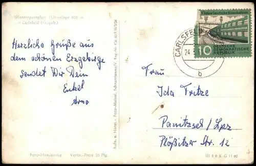 Ansichtskarte Carlsfeld-Eibenstock Stadtpartie im Winter 1960