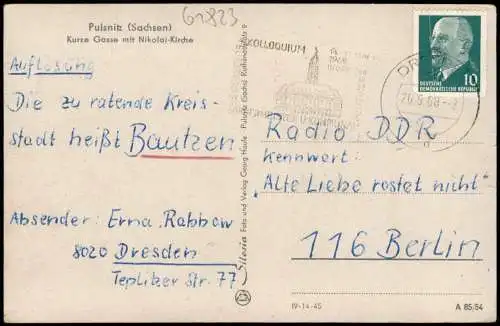 Ansichtskarte Pulsnitz Kurze Gasse mit Nikolai-Kirche 1954