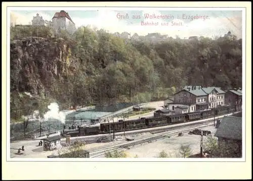 Ansichtskarte Wolkenstein REPRO Dampflokomotive im Bahnhof 1900/2008