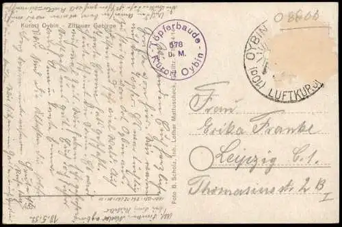 Ansichtskarte Oybin Onkel u. Tante d. d. Töpfer. Oberlausitz 1953