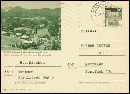 Tiefenbach-Oberstdorf (Allgäu) Ganzsache 015249 C 24/191 40000 12.70 1970