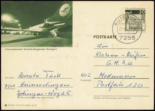 Stuttgart Ganzsache 915294 C 15/115 40000 12.69 LORSCH Flughafen Lufthansa 1969