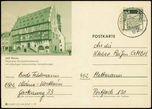 Ganzsache Hanau Ganzsache 015242 C 21/164 20 000 11.70 LORSCH 645 1970