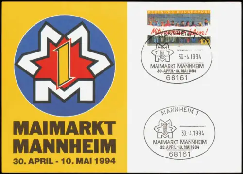 Mannheim Maimarkt Briefmarke Miteinander leben & Sonderstempel x1994