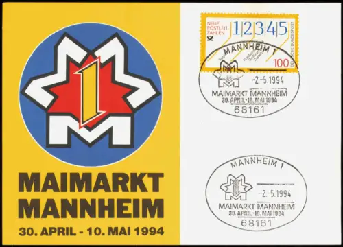 Mannheim Maimarkt mit Briefmarke Neue Postleitzahlen und Sonderstempel 1994