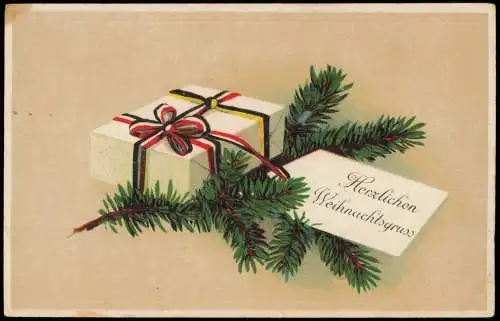 Glückwunsch Weihnachten Paket Tannenzweig Patriotika 1917 Präge-AK Stempel Kiel