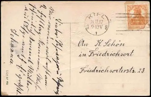 Glückwunsch Weihnachten Paket Tannenzweig Patriotika 1917 Präge-AK Stempel Kiel