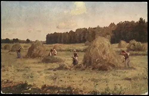 Künstlerkarte Gemälde (Art) Motiv: Bauern bei der Heu-Ernte 1930