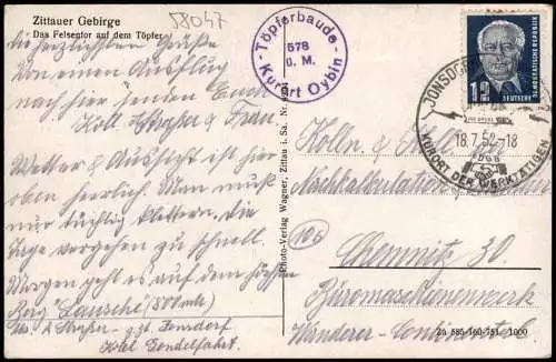 Ansichtskarte Oybin Zittauer Gebirge Töpfer Dar Felsentor 1952