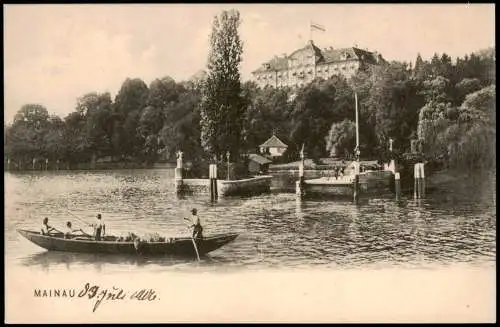 Insel Mainau-Konstanz Ortsansicht mit Männern im Boot a.d. Anlegestelle 1905