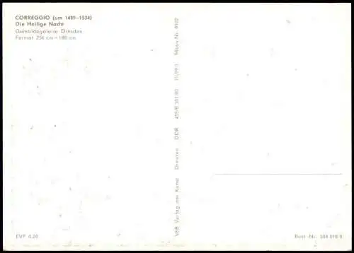 DDR Künstlerkarte Gemälde: CORREGGIO (um 1489-1534) Die Heilige Nacht 1980