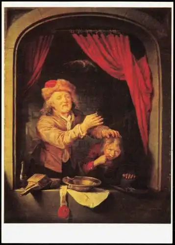 DDR Künstlerkarte Gemälde: GERARD DOU Der Zahnarzt (Gemäldegalerie Dresden) 1970