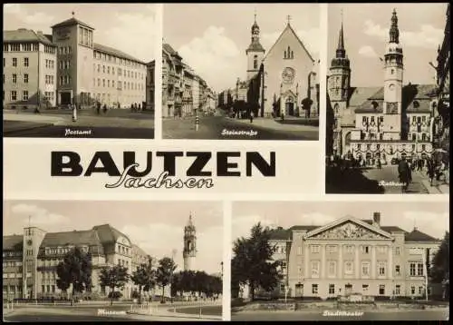 Bautzen Budyšin DDR Mehrbild-AK u.a. mit Postamt, Steinstraße, Museum 1964