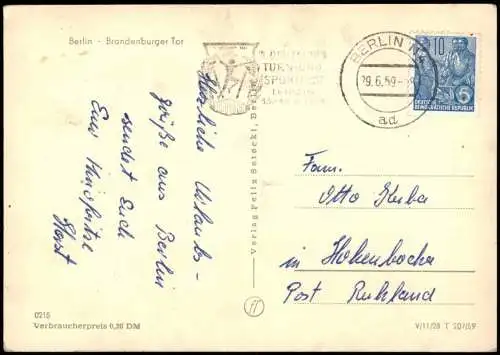 Ansichtskarte Mitte-Berlin Brandenburger Tor (aus Sicht von Ost-Berlin) 1959