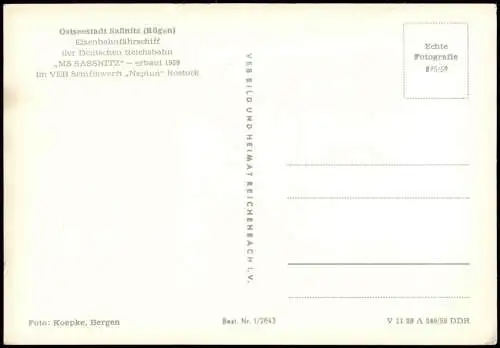Schiffsfoto-AK (Ship Card) Eisenbahn-Fährschiff MS SASSNITZ 1959