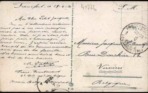 Frankfurt am Main  . Untermainkai 1923  gel Stempel Belgien Besetzung