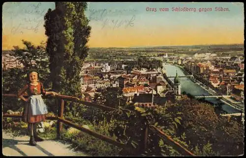 Ansichtskarte Graz Mädchen - Blick vom Schloßberg 1925