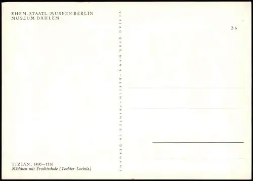 Künstlerkarte TIZIAN Mädchen Fruchtschale Tochter Lavinia MUSEUM DAHLEM 1980
