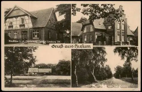 Ansichtskarte Husum 4 Bild Kaufhaus Schule 1943  gel. Feldpost WK2