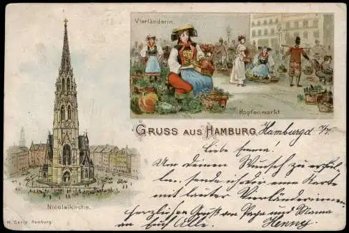 Litho AK Hamburg Gruss aus Vierländerin. Hopfenmarkt Nicolaikirche. 1906