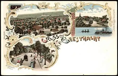 Litho AK Geesthacht Gruss aus... Stadt Bergedorfer Straße Hafen 1897