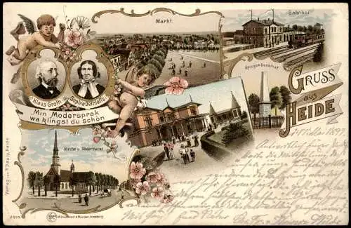 Litho AK Heide Holstein Bahnhof Markt Südermarkt Gruss aus 1897  mit Goldfarben