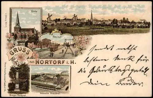 Litho AK Nortorf Holsatia Brauerei Bahnhof Windmühle Gruss aus 1899