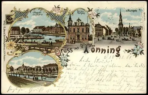 Litho AK Tönning (Amt Eiderstedt) Hafen Markt uvm Gruss aus... 1901