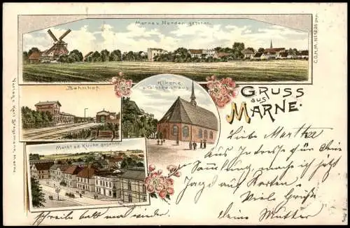 Litho AK Marne (Holstein) Windmühle Straße Bahnhof Gruss aus 1898