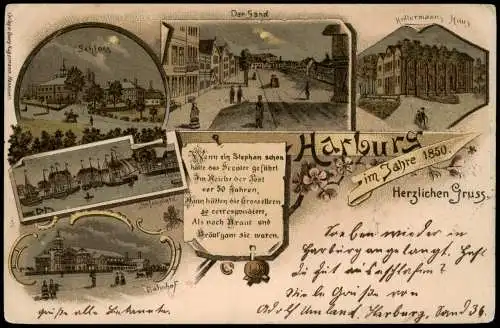 Ansichtskarte Harburg-Hamburg Hafen Sand Schloß Mondschein Litho 1898