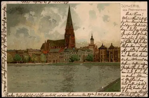 Ansichtskarte Schwerin Pfaffenteich Häuser Künstlerkarte 1901