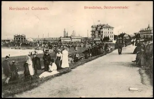 Ansichtskarte Cuxhaven Strandleben, Deichpromenade. 1907  gel. Bahnpoststempel
