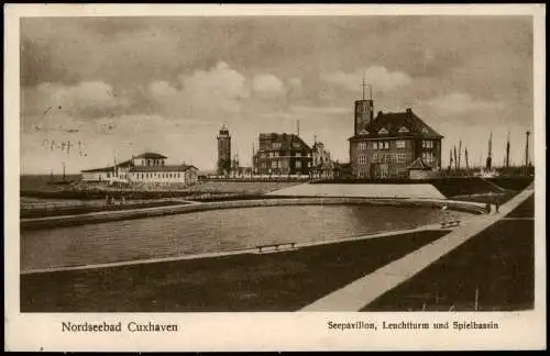 Ansichtskarte Cuxhaven Seepavillon, Leuchtturm und Spielbassin 1927