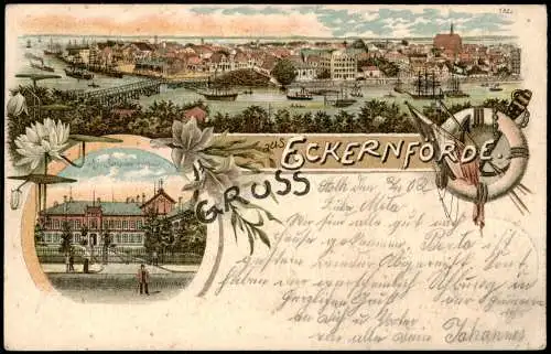 Ansichtskarte Litho AK Eckernförde 2 Bild Gruss aus Totale Hafen Schule 1902