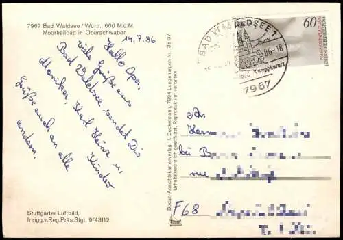 Ansichtskarte Bad Waldsee MB Luftbild Stadtsee 1986