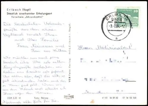Ansichtskarte Erlbach (Vogtland) Ferienheim Schwarzbachtal zur DDR-Zeit 1984
