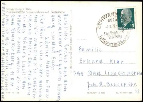 Schwarzburg DDR AK HO-Gaststätte Schweizerhaus mit Postkutsche 1973