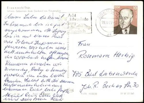 Ansichtskarte Eisenach Johann Sebastian Bach-Denkmal am Frauenplan 1977/1975