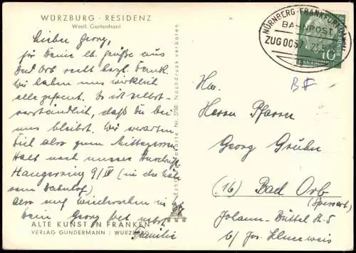 Ansichtskarte Würzburg RESIDENZ Westl Gartenfront 1956 Bahnpoststempel Zug 0057