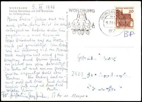 Würzburg Festung Marienberg und Alte Mainbrücke bei Festbeleuchtung 1966