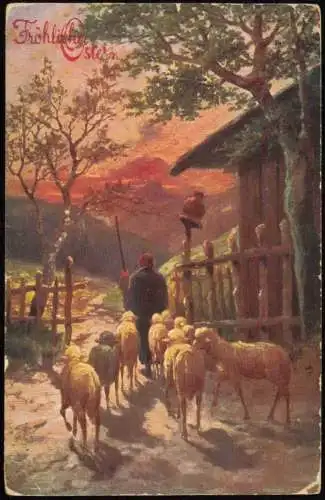 Lot 8   Glückwunsch Ostern Eier Frühlingsblumen Lämmchen Kücken Glocken 1950