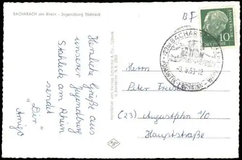 Ansichtskarte Bacharach Jugendburg am Rhein Burg Stahleck 1958